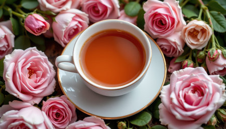 A cup of tea on a saucer surrounded by pink roses