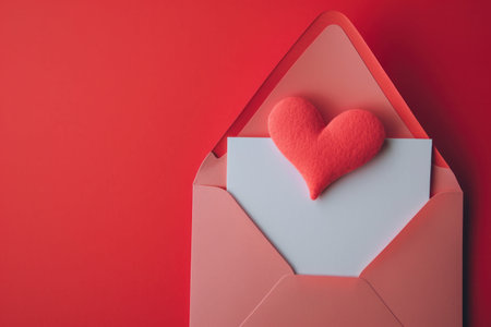 A red heart on a white card in an open pink envelope against a red backdrop