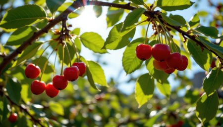 A cluster of ripe red cherries on a tree branch with green leaves