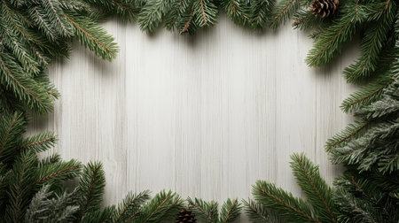 A rustic wooden background surrounded by lush green pine branches, forming a natural border frame.