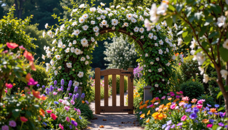 A wooden gate surrounded by a lush floral archway and colorful flowers in a serene garden setting