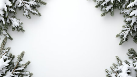 Snow covered evergreen tree branches forming a border on a white background