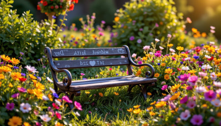 A weathered metal bench sits amidst a colorful array of blooming flowers and lush greenery in a serene garden setting.