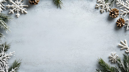 Snowflakes, pine branches and pine cones on a snowy background