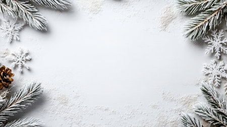 A frosty arrangement of pine branches, pinecones, and snowflakes forming a border on a snowy surface.