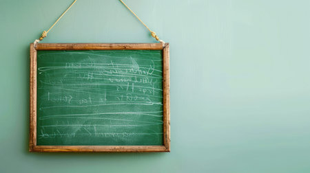 A green chalkboard with a wooden frame hangs on a light green wall with white chalk writing.