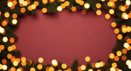A Christmas garland with green leaves and colorful lights on a red fabric background