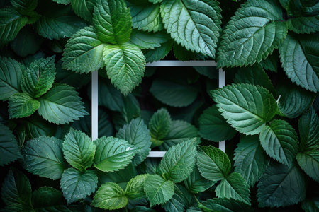 A white frame is surrounded by vibrant green leaves in a natural setting