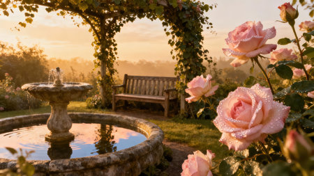 A tranquil garden setting with a stone fountain, pink roses, and a wooden bench under a leafy archway at sunset