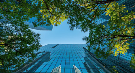 Low angle view of a tall building with trees in the foreground