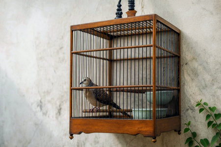 A bird perches inside a wooden cage hanging on a wall.