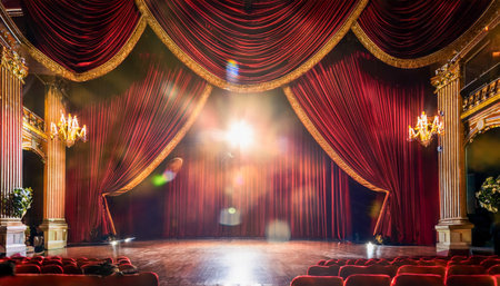 A luxurious theater stage with red velvet curtains and gold trimming, bathed in warm light.