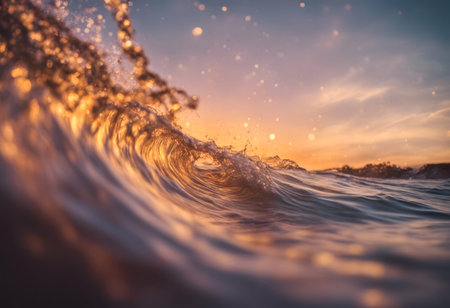 A beautiful ocean wave crashing during a vibrant golden hour sunset.
