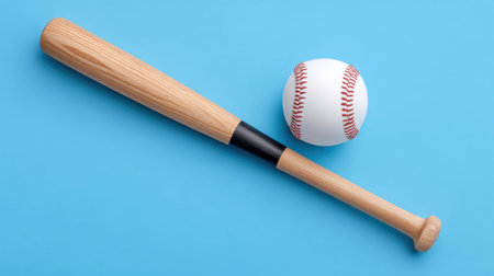 A wooden baseball bat and ball isolated on a bright blue background.