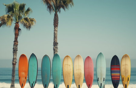 Colorful surfboards lined up on a sandy beach by the ocean.