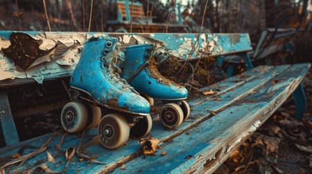 Vintage skates on old bench evoke nostalgia and urban decay mood