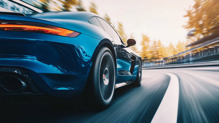 A blue sports car speeding on a race track at sunset with motion blur.