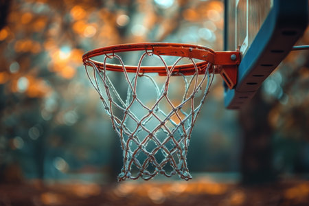 A basketball hoop in a park with blurred autumn foliage background.