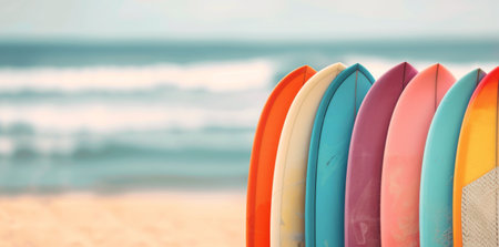 A row of vibrant surfboards standing on a sunny beach by the ocean.