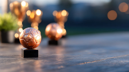 A golden soccer ball trophy sits on a table with blurred awards.