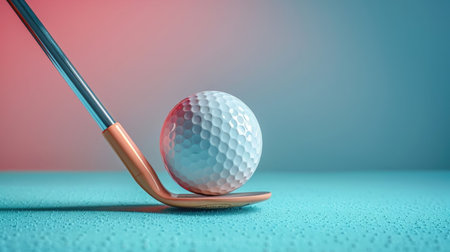 A golf club poised to strike a ball against a colorful studio backdrop.