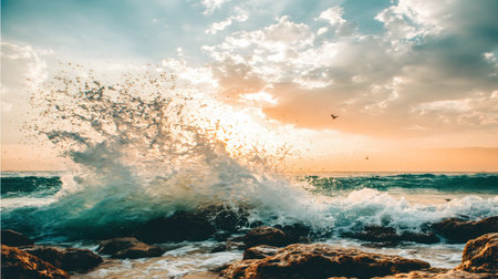 Dramatic ocean wave splashing over rocks during a vibrant sunset.