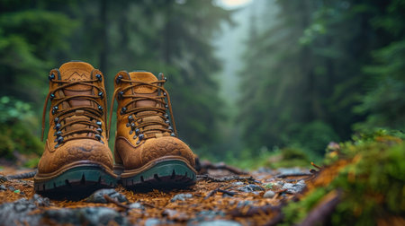 Close-up of rugged hiking boots on a mossy forest path in nature.