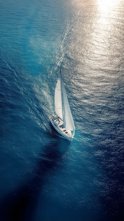 A white sailboat sailing on sparkling blue sea water from above.