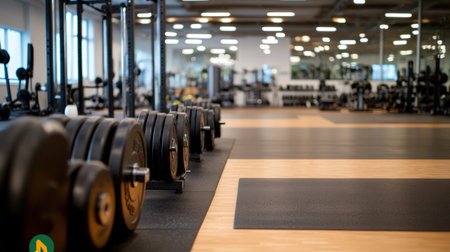 Empty modern gym interior with weight plates and fitness equipment.