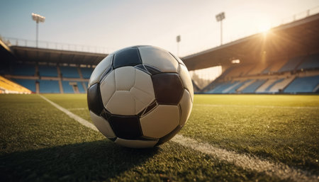 A classic soccer ball resting on a stadium pitch at sunset.