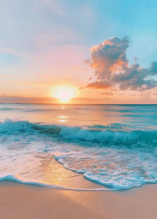 A serene tropical beach at sunset with gentle waves and golden sky.