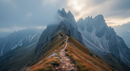 A scenic hiking trail along a rocky mountain ridge in the clouds.