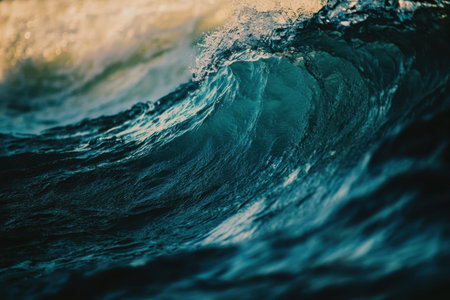 A powerful ocean wave crashing with golden sunset light reflection.