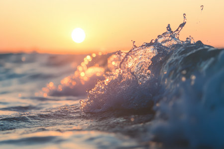 A beautiful ocean wave crashing during a golden hour sunset.