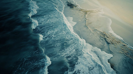 Top down view of blue ocean waves washing onto a sandy beach shore.