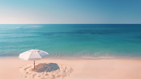 A peaceful tropical beach scene with a white umbrella on golden sand.