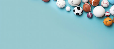 Holiday sports concept with soccer ball and festive ornaments on soft blue backdrop