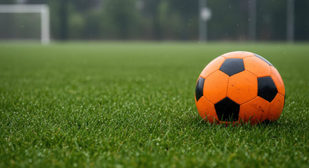 Vibrant sports ball on grass field, ideal for soccer, fitness, or outdoor activity themes