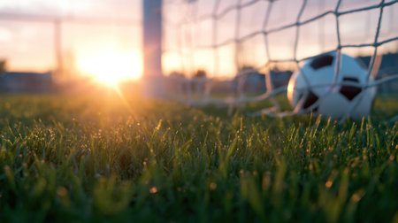 Golden hour soccer goal shot with dramatic sunlight and grass texture