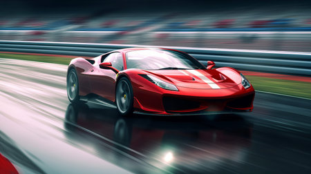 A red luxury sports car speeding on a wet racetrack.