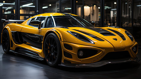 A sleek yellow supercar parked inside a modern professional garage.