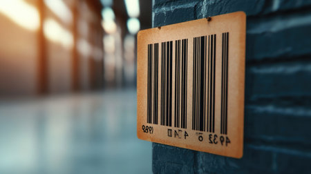 A barcode sticker is affixed to a dark brick wall in a warehouse setting.
