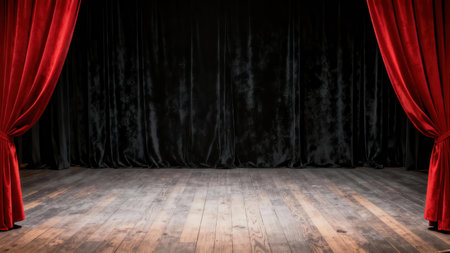 A dimly lit stage with red curtains on either side and a worn wooden floor