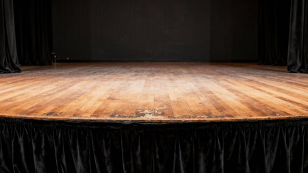 A dimly lit empty stage with a worn wooden floor and black curtains on either side