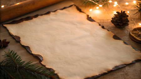 A parchment with burnt edges on a wooden table surrounded by pinecones and string lights