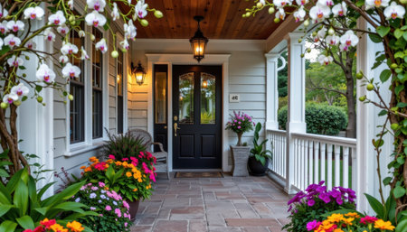 A welcoming home porch with vibrant flowers and a black front door