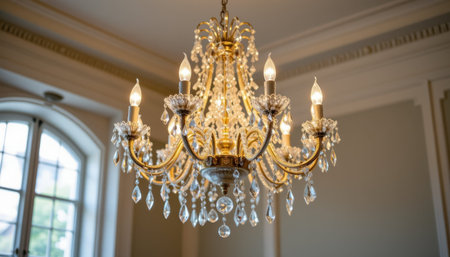 A stunning crystal chandelier illuminated from within hangs from a high ceiling in a lavish room with large window