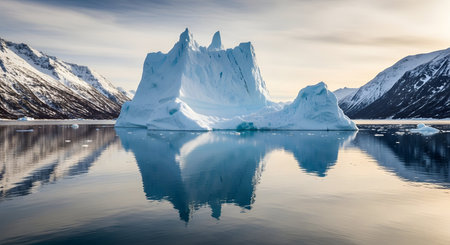 A massive iceberg floats in calm water with snowy mountains in the background