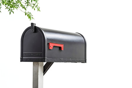 A black mailbox with a red flag is mounted on a metal post