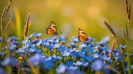 Two orange butterflies flying over a field of small blue flowers